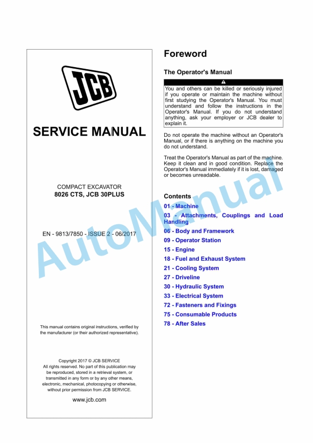 JCB 8026 CTS, JCB 30PLUS Compact Excavator Service Manual 9813-7850