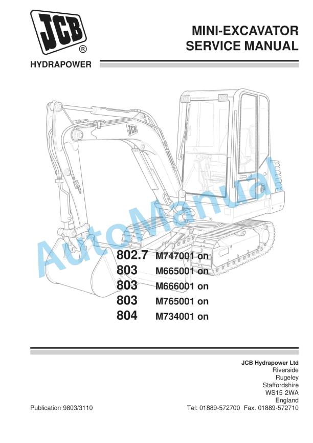 JCB 802.7, 803, 803, 803, 804 Mini Excavator Service Manual 9803-3110