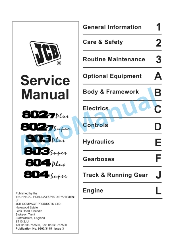 JCB 802.7 Plus, 802.7 Super, 803 Plus, 803 Super, 804 Plus, 804 Super Service Manual 9803-3145