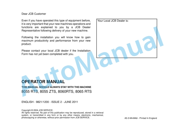 JCB 8055 RTS, 8055 ZTS, 8060RTS, 8065 RTS Operator Manual 9821-1200 1 JCB 8055 RTS, 8055 ZTS, 8060RTS, 8065 RTS Operator Manual 9821-1200