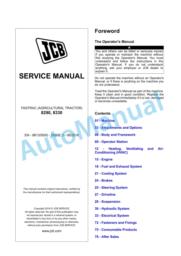 JCB 8290, 8330 Fastrac Service Manual 9813-5000