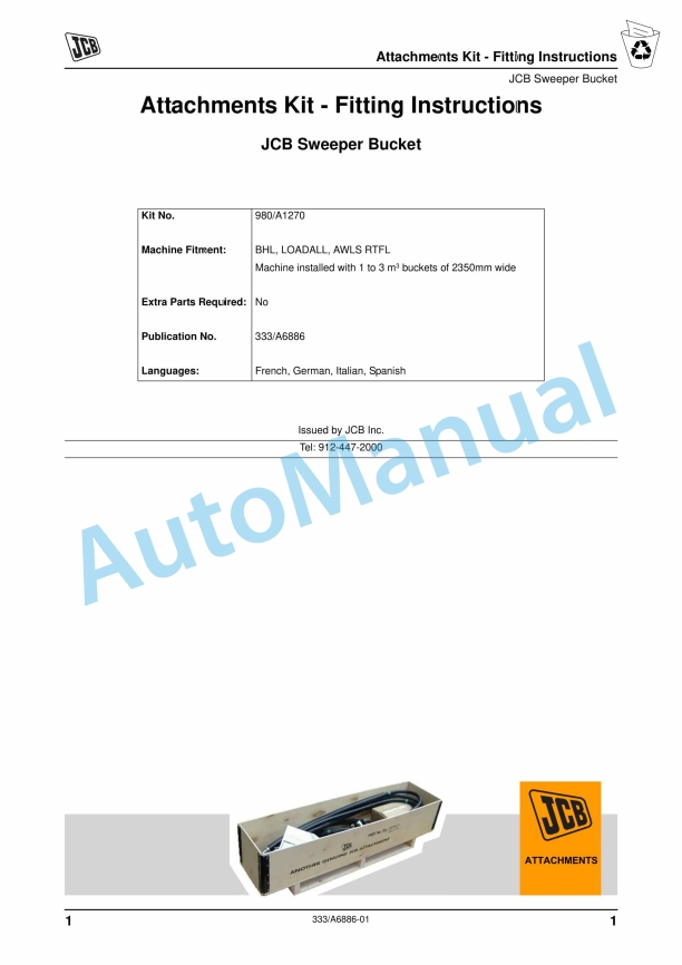 JCB BHL, LOADALL, AWLS RTFL Attachments Kit - Fitting Instructions 333-A6886