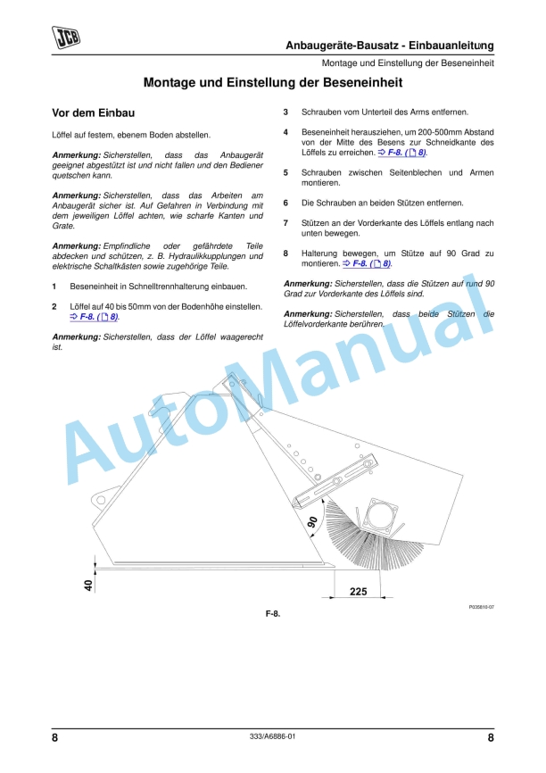 JCB BHL, LOADALL, AWLS RTFL Attachments Kit - Fitting Instructions 333-A6886-2