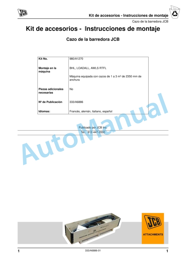 JCB BHL, LOADALL, AWLS RTFL Attachments Kit - Fitting Instructions 333-A6886-5