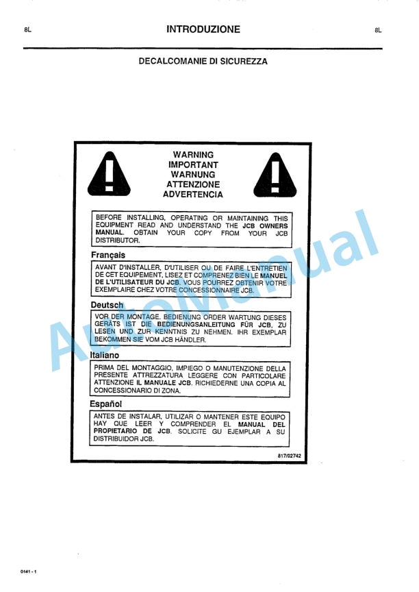 JCB De-Luxe Sweeper Collectors Owners Manual 9801-0141 5 JCB De-Luxe Sweeper Collectors Owners Manual 9801-0141-5