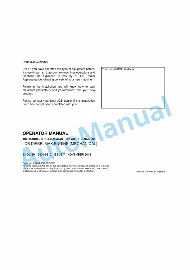 JCB Dieselmax Engine Operator Manual 9801-9310 1 JCB Dieselmax Engine Operator Manual 9801-9310
