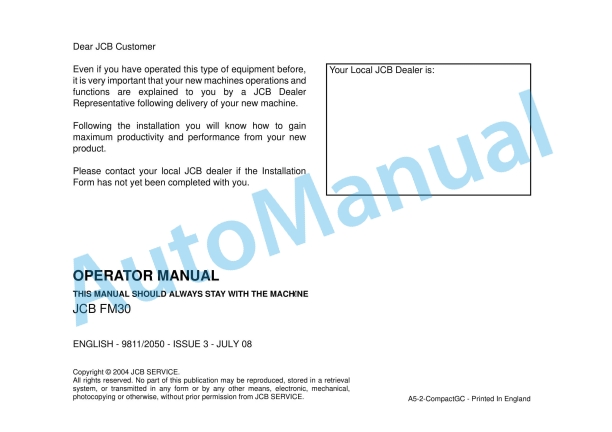 JCB FM30 Operator Manual 9811-2050