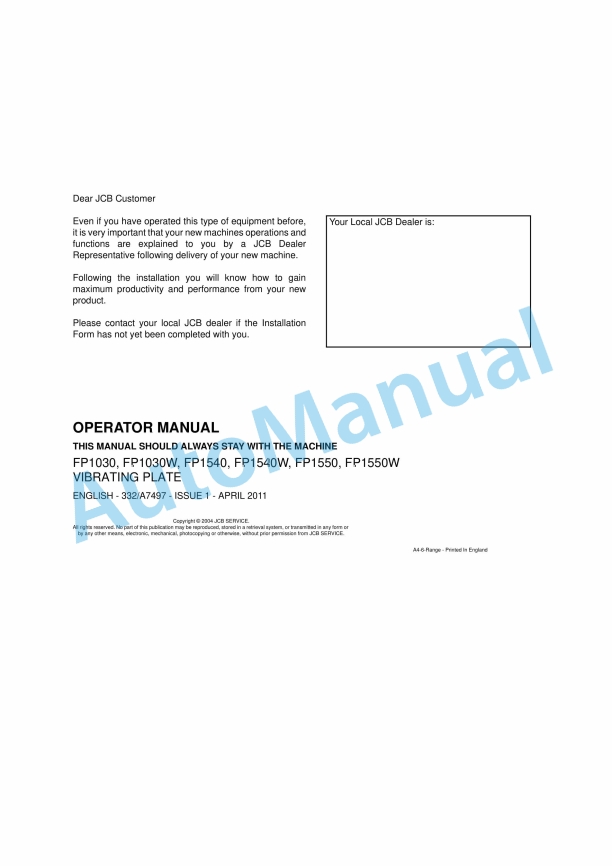 JCB FP1030, FP1030W, FP1540, FP1540W, FP1550, FP1550W Vibrating Plate Operator Manual 332-A7497