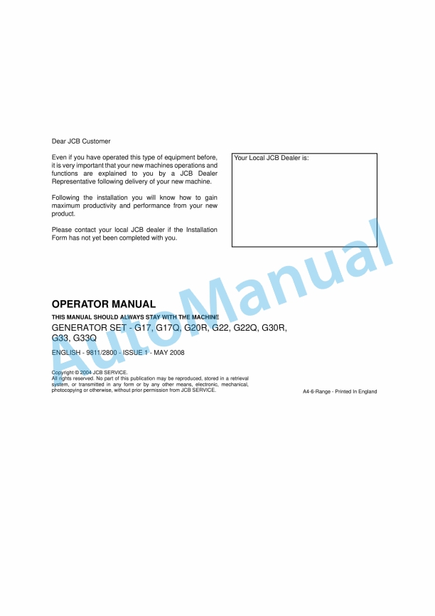 JCB G17, G17Q, G20R, G22, G22Q, G30R, G33, G33Q Operator Manual 9811-2800
