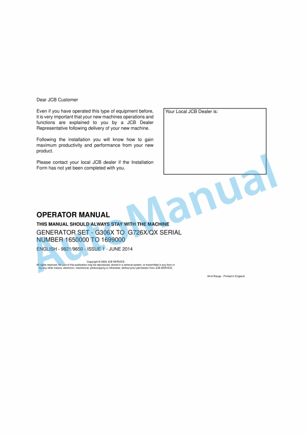 JCB G306X to G726X-QX Operator Manual 9821-9650