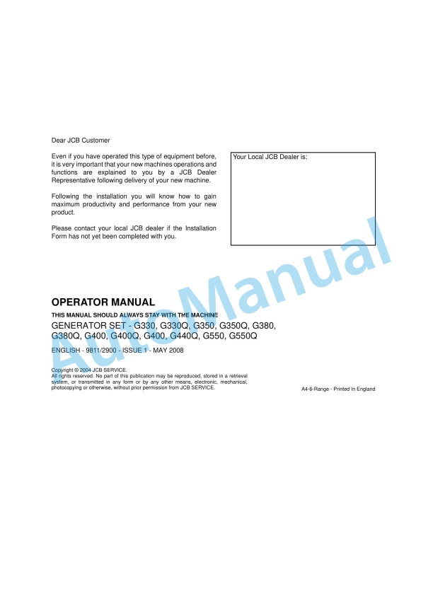 JCB G330, G330Q, G350, G350Q, G380, G380Q, G400, G400Q, G400, G440Q, G550, G550Q Operator Manual 9811-2900