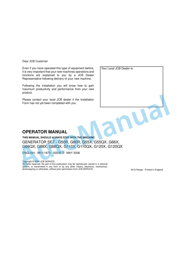 JCB G50R, G80R, G55X, G55QX, G66X, G66QX, G88X, G88QX, G110X, G110QX, G120X, G120QX Operator Manual 9811-1870