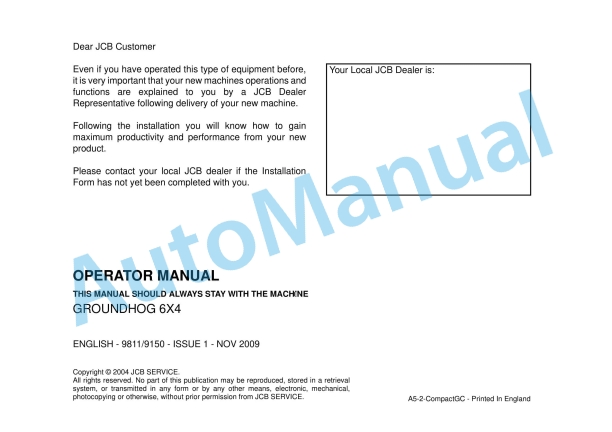 JCB Groundhog 6x4 Operator Manual 9811-9150