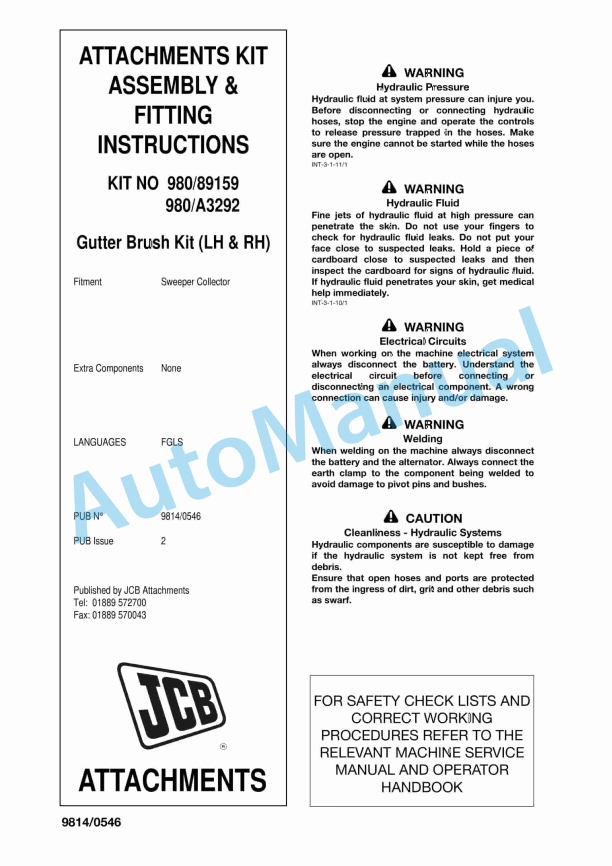 JCB Gutter Brush Kit Attachments Assembly And Instructions 9814-0546
