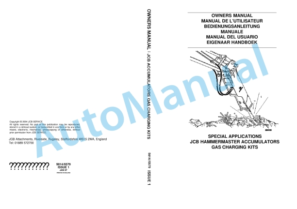 JCB Hammermaster Accumulators Gas Charging Kits Owners Manual 9814-0579