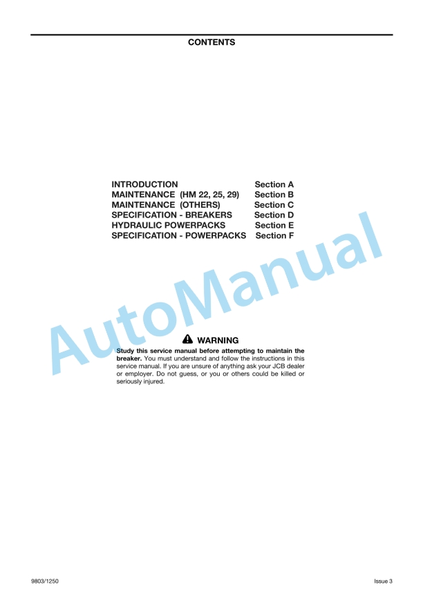JCB HM 22, 25, 29, HM 25LV Breakers Service Manual 9803-1250 1 JCB HM 22, 25, 29, HM 25LV Breakers Service Manual 9803-1250
