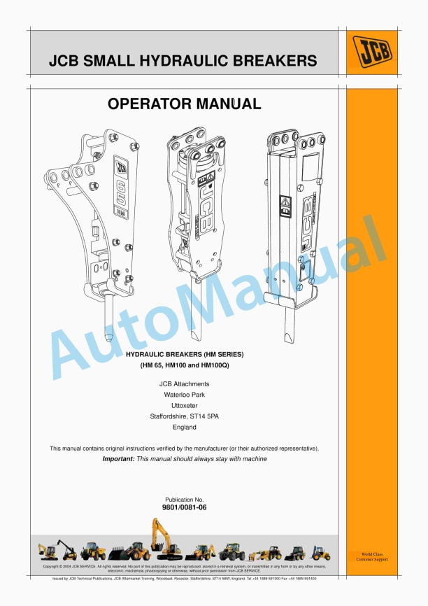 JCB HM 65, HM100, HM100Q Hydraulic Breakers Operator Manual 9801-0081-06