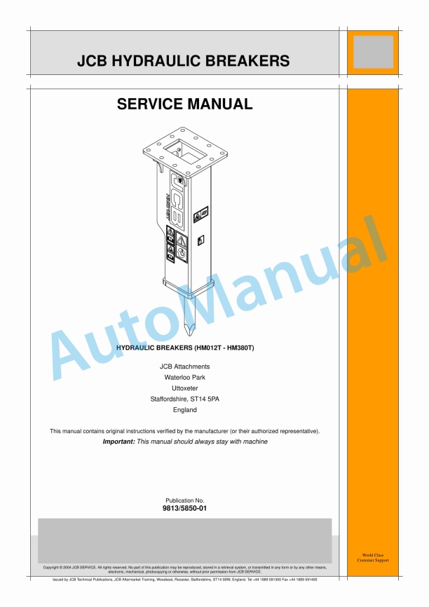 JCB HM012T - HM380T Hydraulic Breakers Service Manual 9813-5850 1 JCB HM012T - HM380T Hydraulic Breakers Service Manual 9813-5850