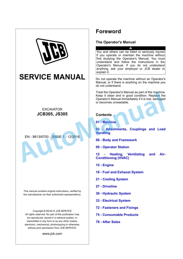 JCB JCB305, JS305 Excavator Service Manual 9813-6700 1 JCB JCB305, JS305 Excavator Service Manual 9813-6700