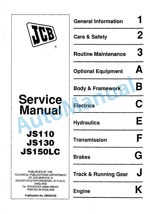 JCB JS110, JS130, JS150LC Service Manual 9803-6100 1 JCB JS110, JS130, JS150LC Service Manual 9803-6100