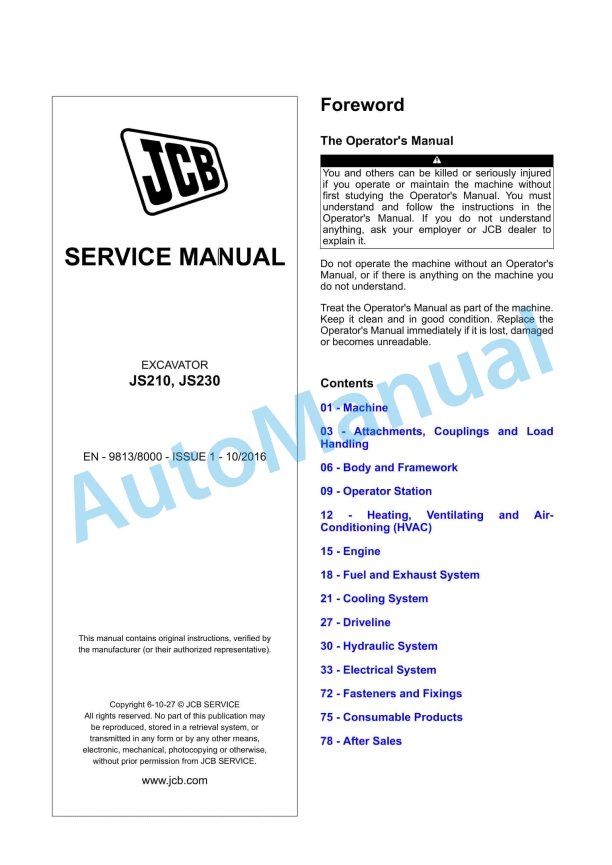 JCB JS210, JS230 Excavator Service Manual 9813-8000 1 JCB JS210, JS230 Excavator Service Manual 9813-8000