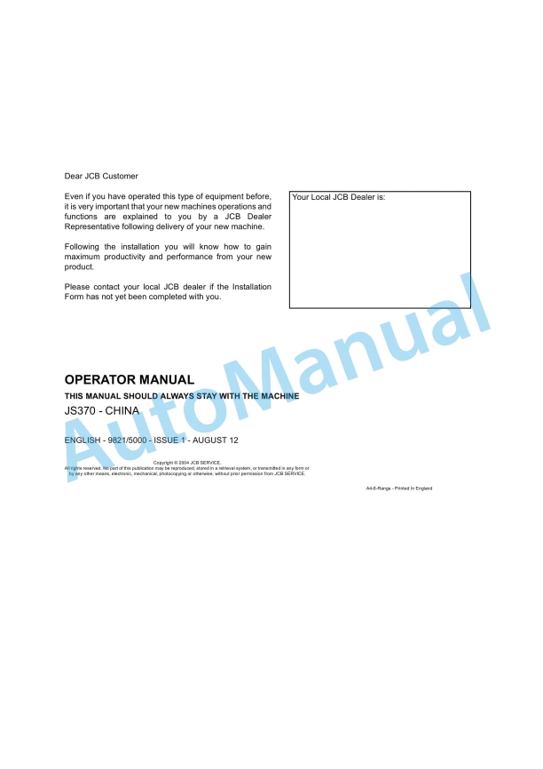 JCB JS370 - China Operator Manual 9821-5000 1 JCB JS370 - China Operator Manual 9821-5000