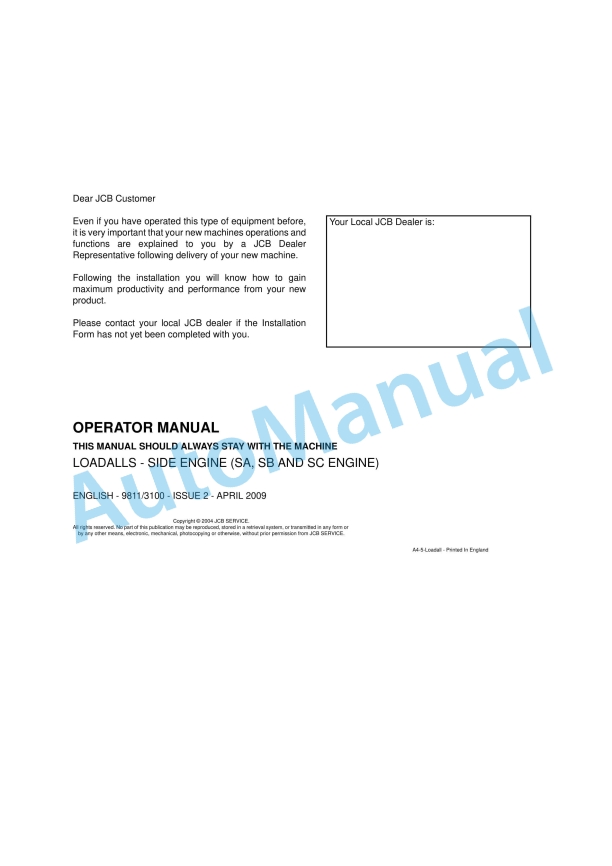 JCB Loadalls - Side Engine (SA, SB And SC Engine) Operator Manual 9811-3100 1 JCB Loadalls - Side Engine (SA, SB And SC Engine) Operator Manual 9811-3100