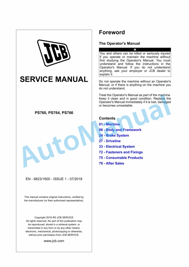 JCB PS760, PS764, PS766 Service Manual 9823-1600 1 JCB PS760, PS764, PS766 Service Manual 9823-1600