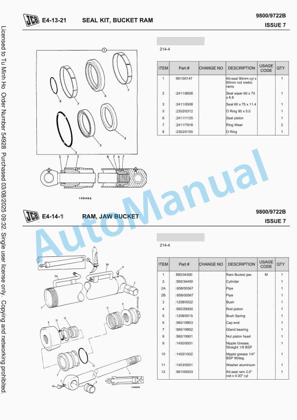 JCB Regular Backhoe Loader Owners Parts Book 9800-9722B-3