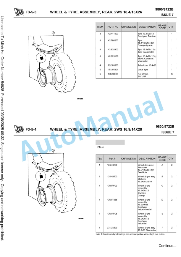 JCB Regular Backhoe Loader Owners Parts Book 9800-9722B-4