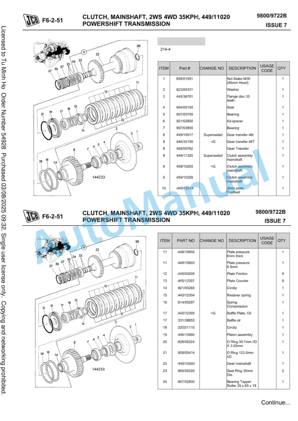 JCB Regular Backhoe Loader Owners Parts Book 9800-9722B-5