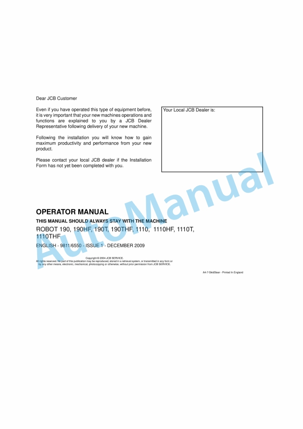 JCB Robot 190, 190HF, 190T, 190THF, 1110, 1110HF, 1110T, 1110THF Operator Manual 9811-6550 1 JCB Robot 190, 190HF, 190T, 190THF, 1110, 1110HF, 1110T, 1110THF Operator Manual 9811-6550