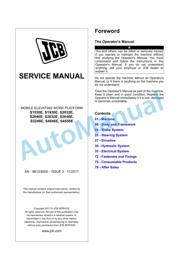 JCB S1530E to S4550E Mobile Elevating Work Platform Service Manual 9813-8200 1 JCB S1530E to S4550E Mobile Elevating Work Platform Service Manual 9813-8200