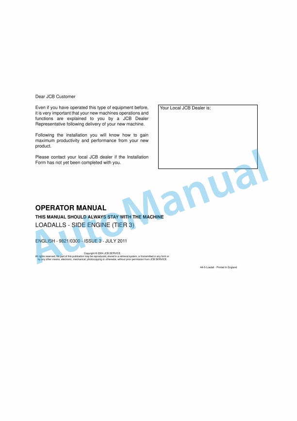 JCB Side Engine Tier 3 Loadalls Operator Manual 9821-0300