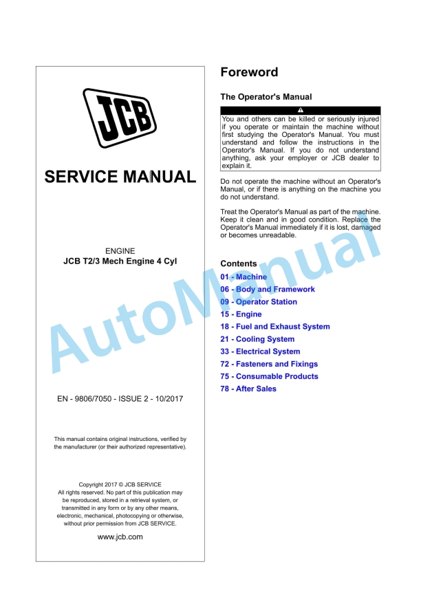 JCB T2-3 Mech Engine 4 Cyl Service Manual 9806-7050 1 JCB T2-3 Mech Engine 4 Cyl Service Manual 9806-7050