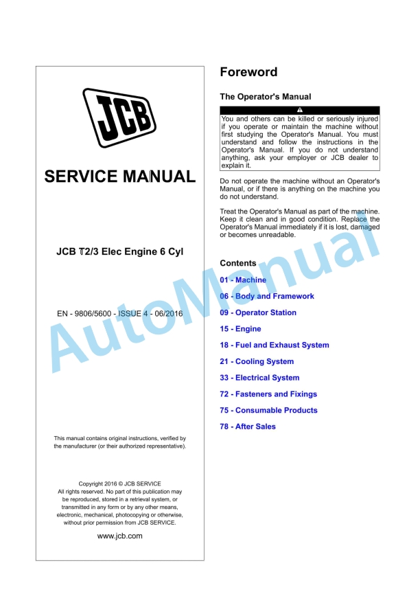 JCB T2, T3 Elec Engine 6 Cyl Service Manual 9806-5600 1 JCB T2, T3 Elec Engine 6 Cyl Service Manual 9806-5600