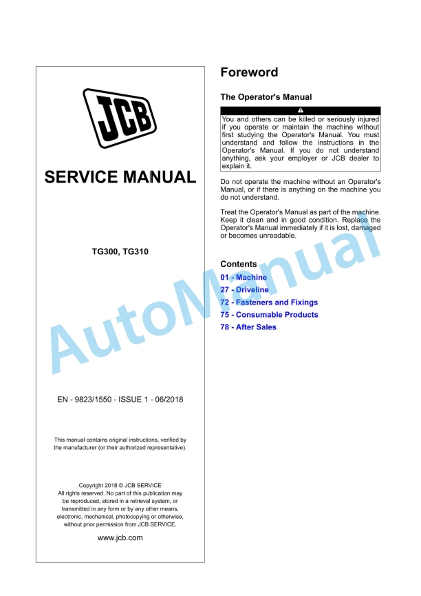 JCB TG300, TG310 Service Manual 9823-1550 1 JCB TG300, TG310 Service Manual 9823-1550