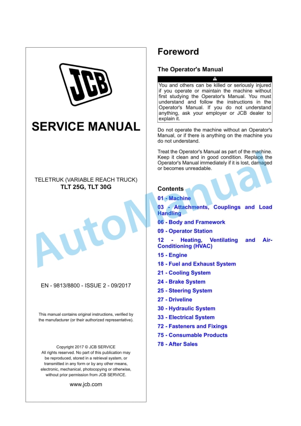 JCB TLT 25G, TLT 30G Teletruk Service Manual 9813-8800 1 JCB TLT 25G, TLT 30G Teletruk Service Manual 9813-8800
