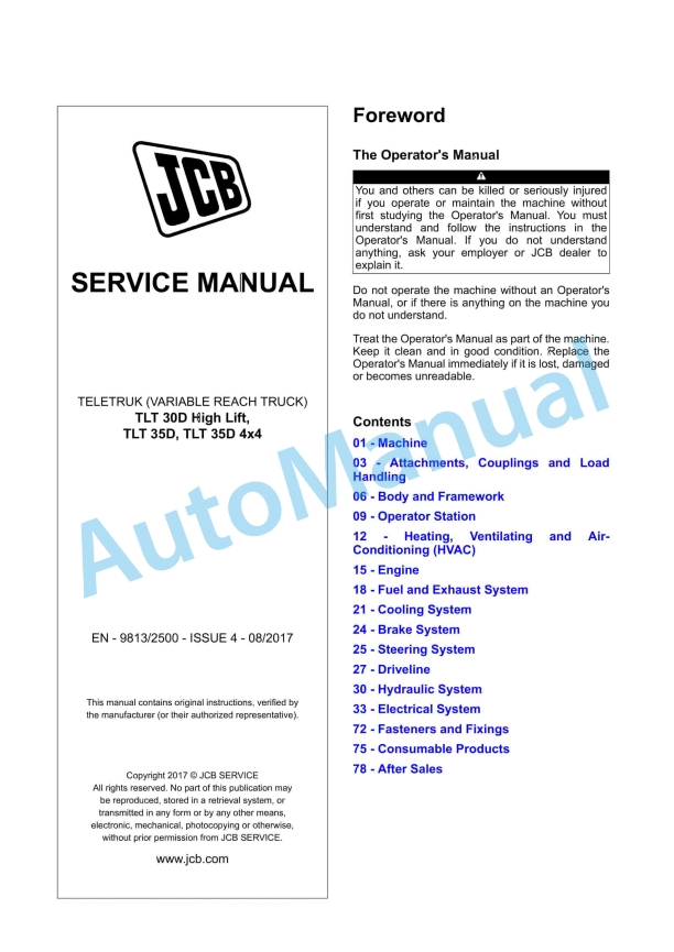 JCB TLT 30D High Lift, TLT 35D, TLT 35D 4x4 Teletruk Service Manual 9813-2500 1 JCB TLT 30D High Lift, TLT 35D, TLT 35D 4x4 Teletruk Service Manual 9813-2500