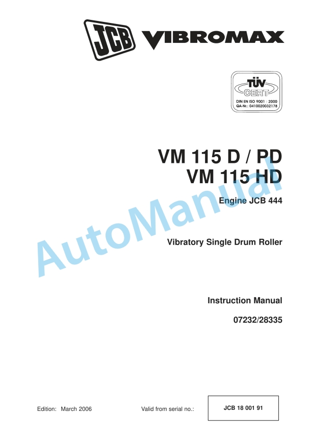 JCB VM 115 D, VM 115 PD, VM 115 HD Vibratory Single Drum Roller Instruction Manual 07232-28335