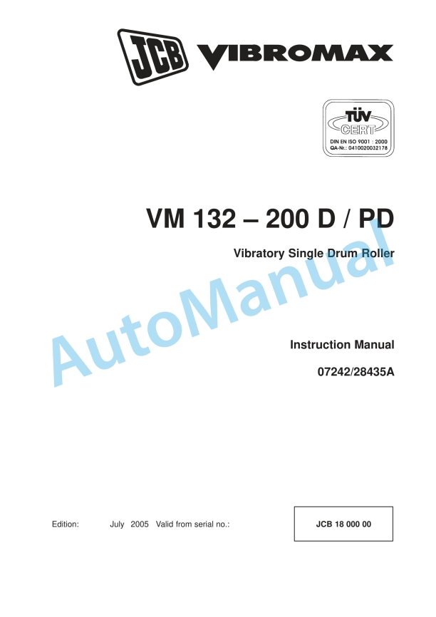 JCB VM 132 - 200 D, VM 132 - 200 PD Vibratory Single Drum Roller Instruction Manual 07242-28435A