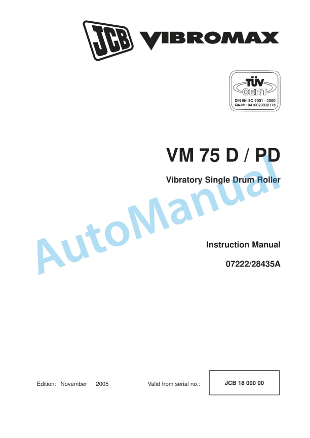 JCB VM 75 D, VM 75 PD Vibratory Single Drum Roller Instruction Manual 07222-28435A