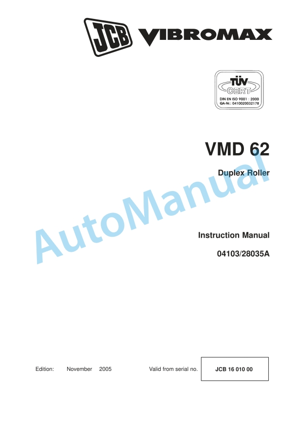JCB VMD 62 Duplex Roller Instruction Manual 04103-28035A