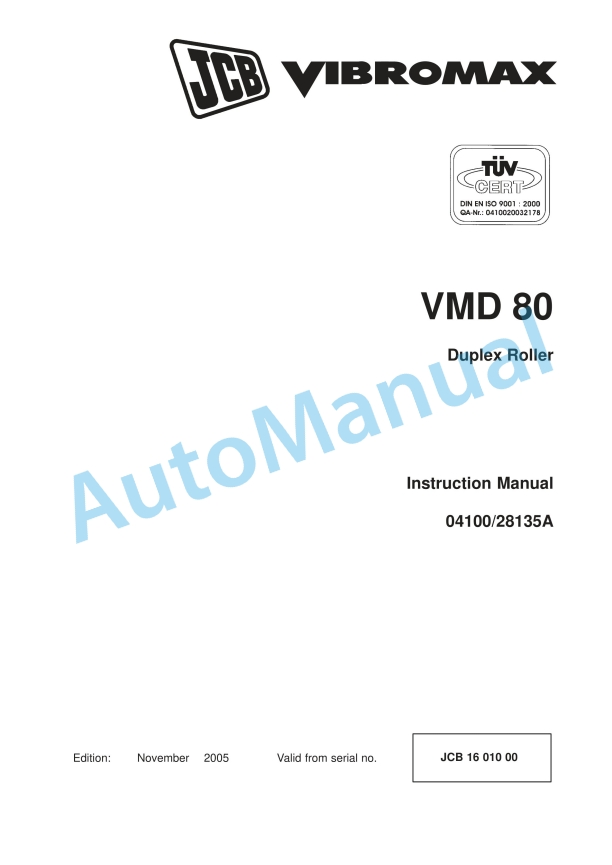 JCB VMD 80 Duplex Roller Instruction Manual 04100-28135A
