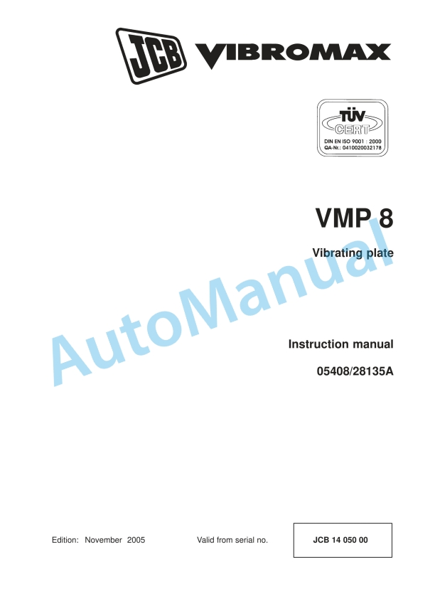 JCB VMP 8 Vibrating Plate Instruction Manual 05408-28135A