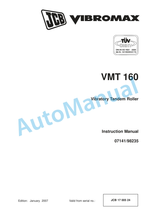 JCB VMT 160 Vibratory Tandem Roller Instruction Manual 07141-98235