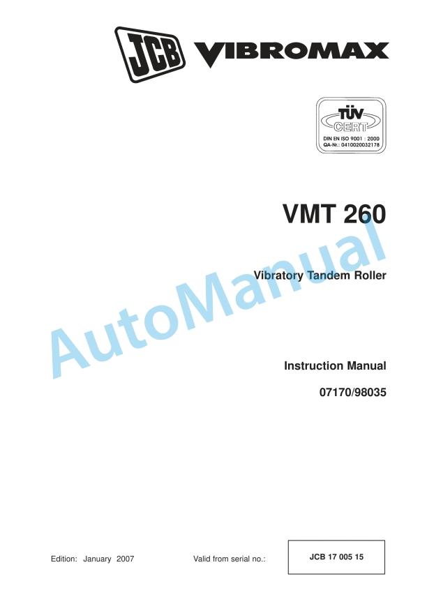 JCB VMT 260 Vibratory Tandem Roller Instruction Manual 07170-98035