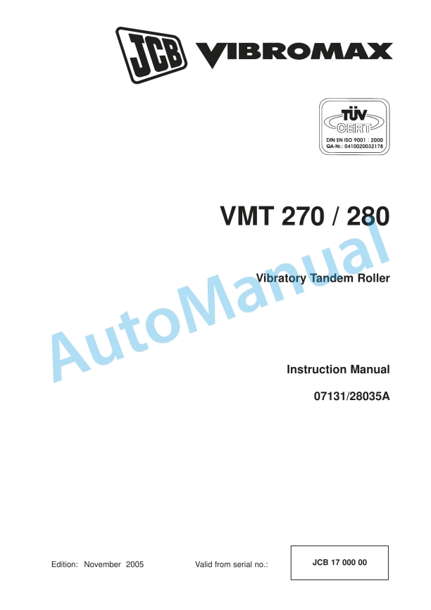 JCB VMT 270, VMT 280 Vibratory Tandem Roller Instruction Manual 07131-28035A