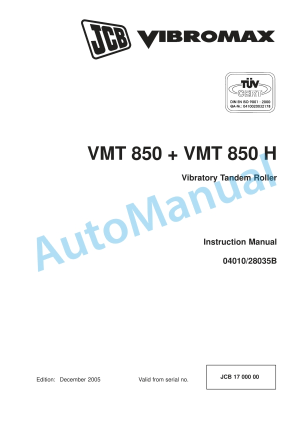 JCB VMT 850, VMT 850 H Vibratory Tandem Roller Instruction Manual 04010-28035B