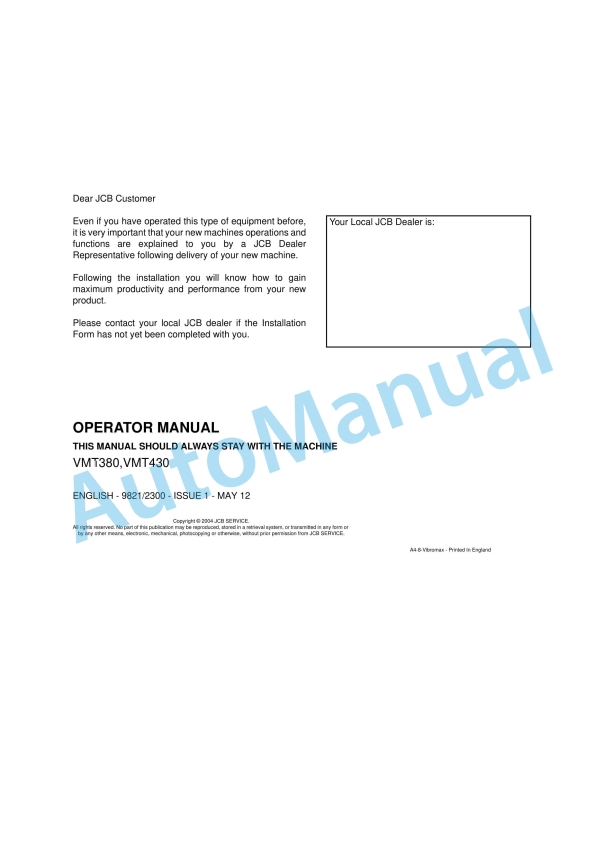 JCB VMT380, VMT430 Operator Manual 9821-2300 1 JCB VMT380, VMT430 Operator Manual 9821-2300